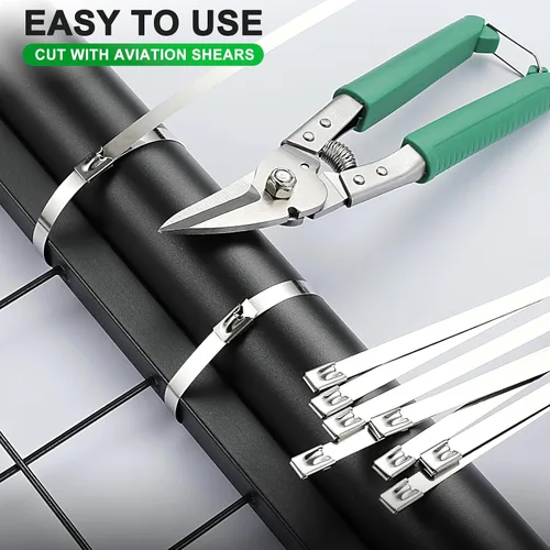 Vista 4 de Bridas de metal extra anchas de 15.8 pulgadas – bridas de acero inoxidable 304 resistentes Bridas de cables autobloqueantes para valla