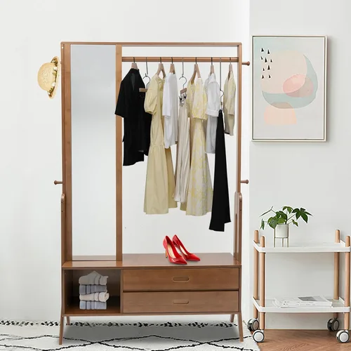 Vista 3 de Perchero de bambú independiente para ropa con estantes, estante colgante con espejo y cajón para entrada de dormitorio, soporte de hasta 200 libras