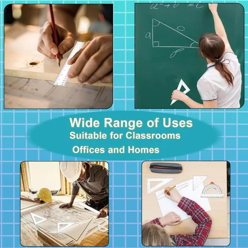 Vista 5 de Thinp El juego de reglas de 4 piezas incluye regla recta de 12 pulgadas, regla triangular y transportadora, herramienta de geometría matemática