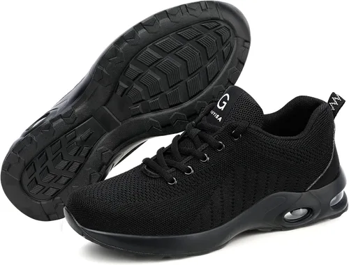 Vista 8 de Tinefiy Zapatos de punta de acero para hombres y mujeres, ligeros, con amortiguación de aire, zapatillas de seguridad antideslizantes