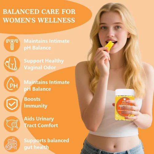 Vista 6 de Gomitas de piña para mujer, pH, equilibrio femenino, salud vaginal, probióticos femeninos, apoyo al bienestar, vegano, sin gluten, piña hawaiana, 90