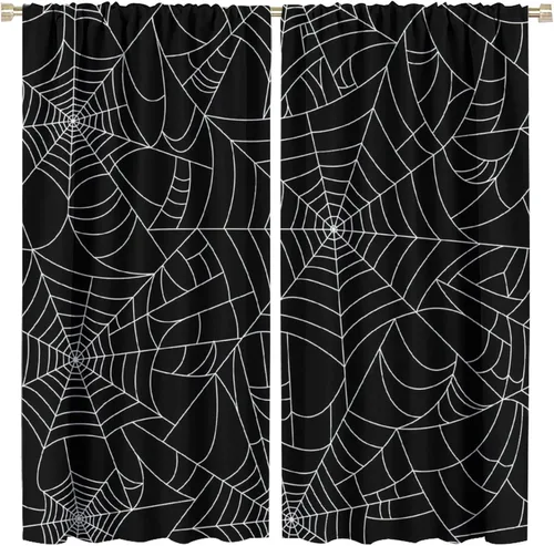 Vista 15 de Cortinas opacas de tela de araña aterradora para niños, tela de araña en blanco y negro, fondo rojo, dormitorio de niños, guardería, decoración