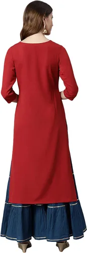 Vista 6 de Janasya Maroon Poly Crepe Kurta para mujer