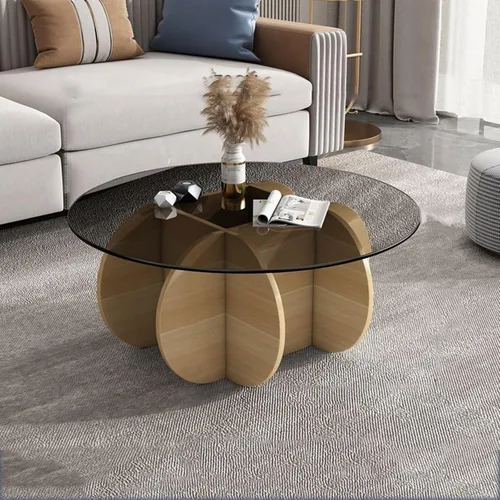Vista 19 de HM&DX Mesa auxiliar redonda de cristal, base de madera maciza y parte superior de vidrio templado transparente, mesa auxiliar de café, mesa central