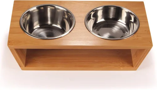 Vista 2 de BambooMN Comedero elevado para perros, soporte 100% bambú, 4 cuencos de metal para alimentos y agua, pequeño
