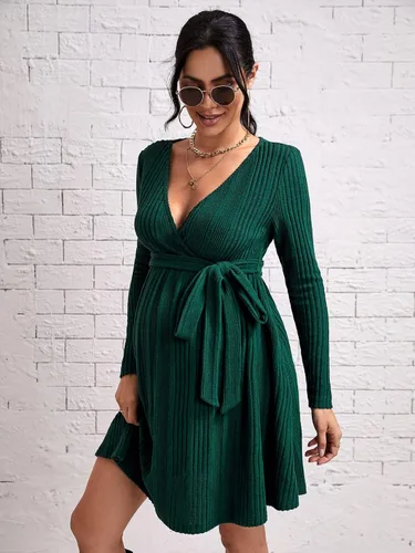 Vista 4 de MakeMeChic Vestido de maternidad para mujer, manga larga, cuello en V, acanalado, con cinturón, vestido de embarazo