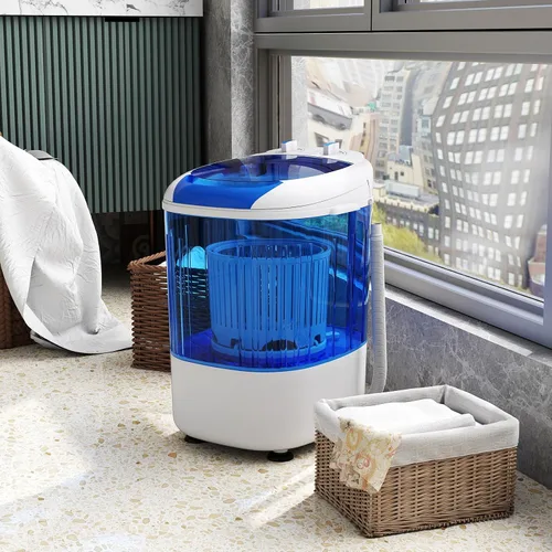 Vista 9 de Giantex Minilavadora portátil compacta, capacidad de 5.5 libras, pequeña lavadora de lavandería compacta con tambor giratorio y manguera de drenaje
