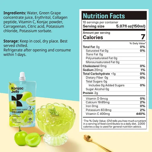 Vista 7 de Hethstia Konjac Jelly sabor a uva verde, 10 bolsas, gelatina de uva bebible con péptidos de colágeno, 7 Kcal, sin azúcar, sin gluten, keto, vegano
