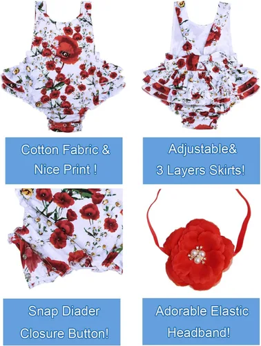 Vista 4 de Mameluco de verano con diseño floral y volantes para niña bebé, con diadema