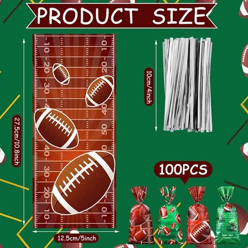 Vista 2 de Jetec 100 bolsas de celofán de fútbol americano marrón y verde, bolsas de regalo de fútbol con lazos para eventos de equipo deportivo, suministros