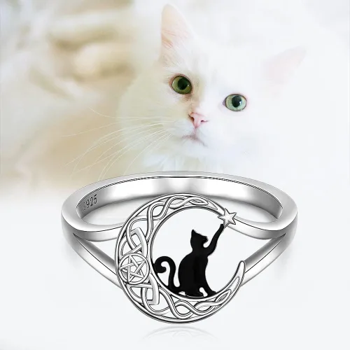 Vista 5 de Anillos de gato negro para mujer, diseño de árbol de la vida, joyería de Plateado