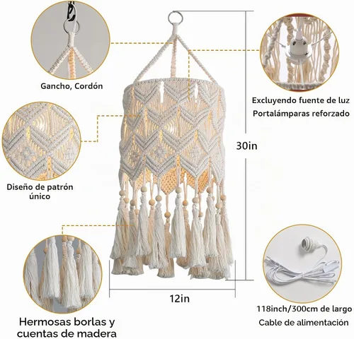 Vista 5 de Bioaqua Pantalla de Lámpara Colgante Boho, Luz Colgante de Macramé, Luminaria Boho Hecha a Mano con Cable de Enchufe para Hogar, Sala de Estar