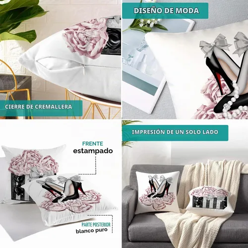 Vista 4 de Juego de 2 fundas de almohada decorativas de terciopelo suave para sofá o cama, de color rosa y gris, de 18 x 18 pulgadas, fundas de almohada 01