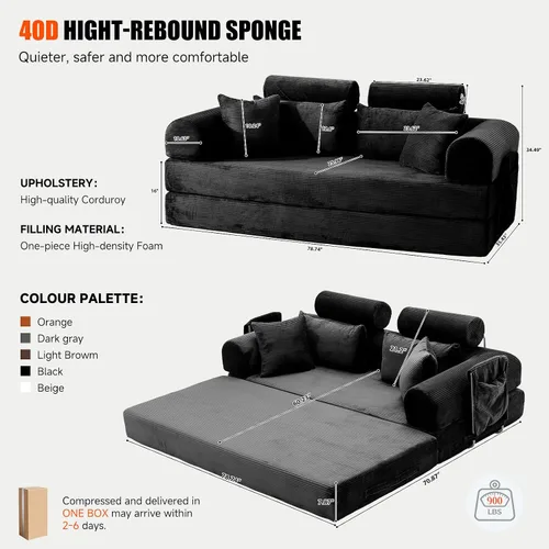 Vista 3 de Sofá cama de espuma viscoelástica de 79 pulgadas, futón convertible con reposacabezas alto, sofá sin hueso Negro