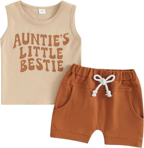 Vista 42 de Ropa de bebé niño sin mangas + pantalones cortos con estampado a rayas con bolsillos, 2 piezas de trajes de verano