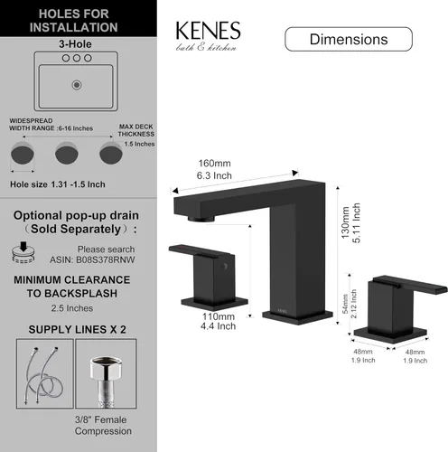 Vista 6 de KENES Grifo de Baño Extendido Negro Mate de Dos Manijas, Grifos de Lavabo de Baño Negro de 3 Orificios, 8 Pulgadas, Grifo de Tocador de Baño de 3