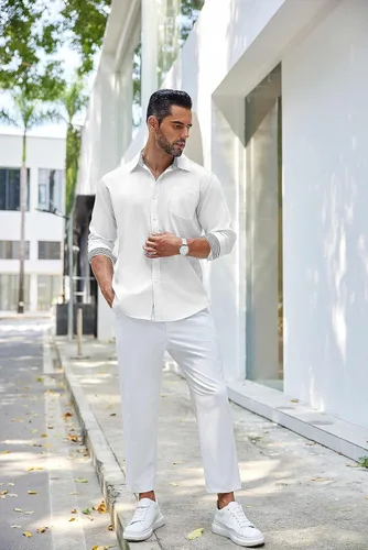 Vista 7 de COOFANDY Camisa de lino con botones para hombre, de manga larga, informal, para playa, con bolsillo