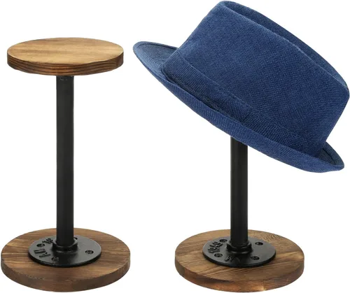 Vista 8 de MyGift 2 soportes para sombreros, perchero para sombreros de vaquero, organizador de gorra de béisbol con tubo de metal industrial, peluca o Madera