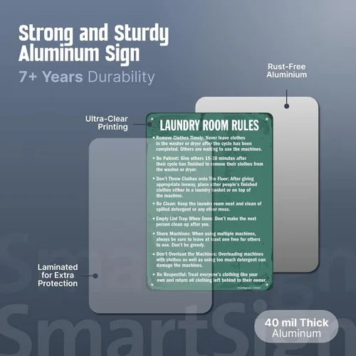 Vista 5 de SmartSign Letrero de metal para lavandería con texto en inglés «Laundry Room Rules – Remove Clothes, Be Clean», 14 x 10 pulgadas, aluminio laminado