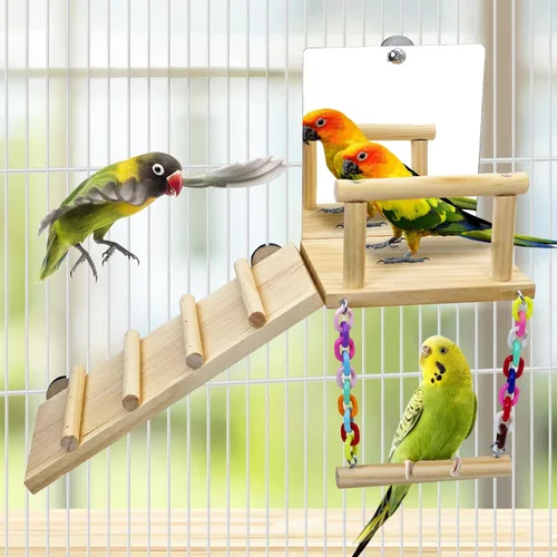 Vista 6 de BNOSDM Plataforma de perca para pájaros con espejo, escalera de escalada de madera para periquitos, juguetes de columpio para pájaros pequeños