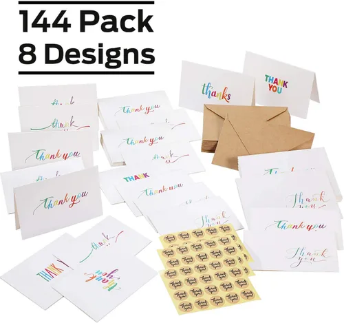 Vista 2 de Ohuhu 144 tarjetas de agradecimiento a granel con sobres, juego de notas de agradecimiento con elegantes 8 diseños de arcoíris coloridos, tarjeta