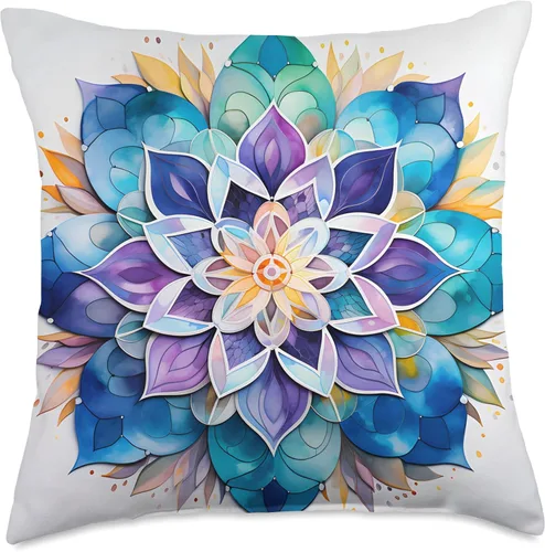 Vista 5 de Meditation Mosaics Almohada colorida con diseño de acuarela azul y mandala, 16 x 16, multicolor
