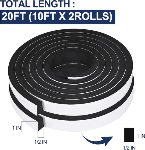 Vista 2 de 20 pies de cintas de espuma autoadhesivas Tiras de sello de espuma de 1 pulgada x 1/2 pulgada x 10 pies cada rollo Burletes de alta resistencia
