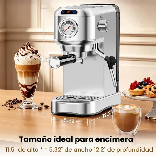 Vista 2 de Máquina de café espresso de 20 bares, cafetera compacta con espumador de leche, cafetera de acero inoxidable con tanque de agua extraíble de 34