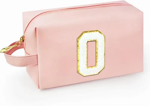 Vista 26 de Bolsa de maquillaje personalizada con inicial con asa, bolsa de cosméticos de preparación con bolsillo interior con cremallera, 8, 9, 10, 11, 12 Rosa