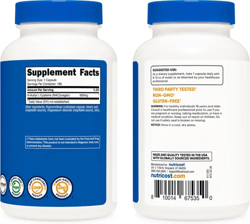 Vista 6 de N-acetil l-císteina Nutricost (NAC) 0,02 oz; 180 cápsulas, No Model, 1 botella, 1 Sin OMG y sin gluten