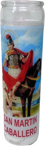 Vista 7 de Veladora de rezo San Martín Caballero oración al reverso en español para problemas económicos 14 oz vaso grande una pieza Blanca sin esencia
