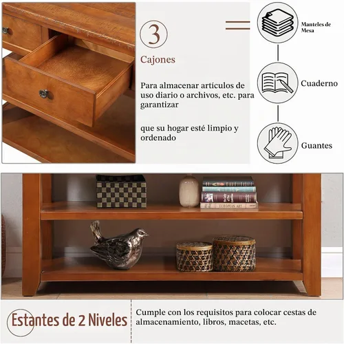Vista 4 de Mesa consola de entrada de madera de granja de 48 pulgadas, moderna mesa de entrada con cajones y estantes de almacenamiento para entrada y sala