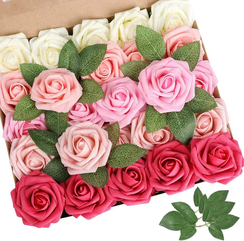 Vista 22 de AmyHomie 25 flores artificiales de aspecto real con tallo de rosa beige