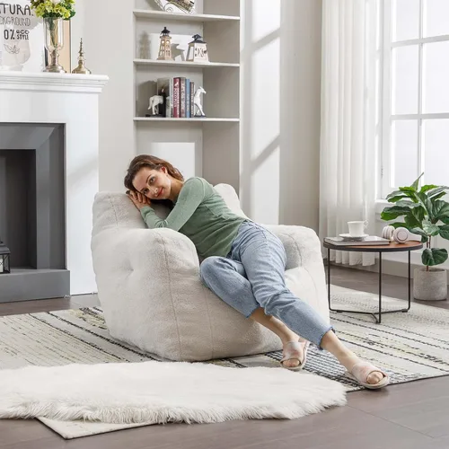 Vista 9 de Antetek Puf para adultos y niños, moderna silla decorativa de tela de peluche ultra suave para sala de estar, dormitorio, apartamento, marfil