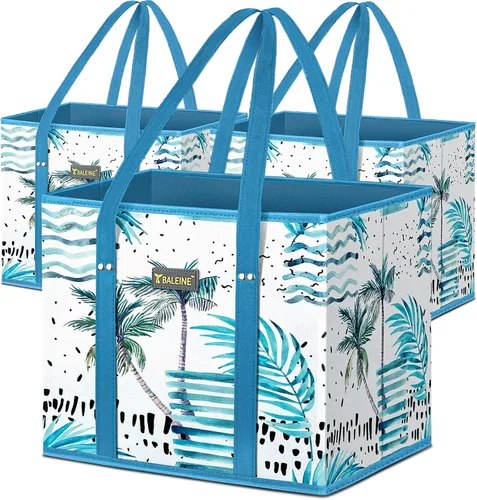 Vista 10 de BALEINE 1 paquete de bolsas reutilizables para comestibles, bolsas de compras plegables para comestibles con parte inferior reforzada y asas Follaje