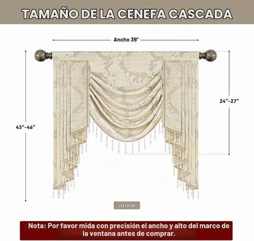 Vista 3 de Loom and Mill Cenefa de cascada de lujo de jacquard para sala de estar, elegantes cenefas de ventana con festones y cuentas damascadas, cortinas
