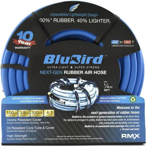Vista 9 de BLUBIRD BB3810 - Manguera de aire de goma de 3/8 pulgadas x 10 pies, 100% goma, más ligera, más fuerte, más flexible, 300 PSI, 50F a 190F grados