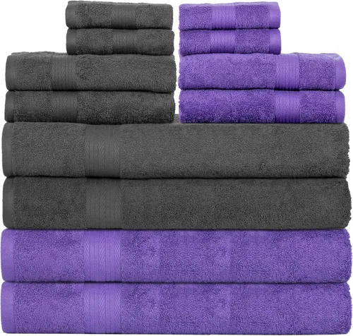 Vista 21 de Ample Decor Juego de 12 toallas de baño de 600 GSM, 100% algodón, 4 toallas de baño, 4 toallas de mano, 4 paños de lavado, absorbentes y suaves