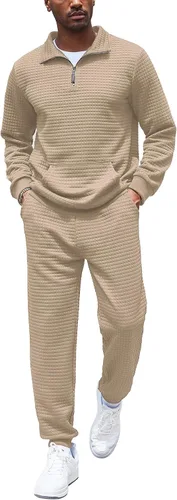 Vista 13 de COOFANDY Chándal para Hombre de 2 Piezas con Cremallera de un Cuarto Conjunto de Entrenamiento Jacquard a Cuadros para Trotar Verde militar