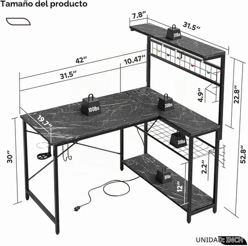 Vista 3 de Bestier - Escritorio esquinero para computadora con 42 tomas de corriente, luces LED, mármol negro