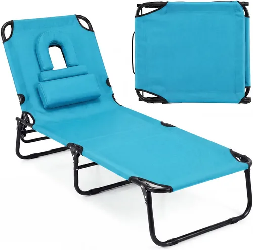Vista 13 de Tangkula Sillón de playa, reclinable plegable para tomar el sol con agujero frontal, silla de bronceado boca abajo con respaldo ajustable de 4 Beige