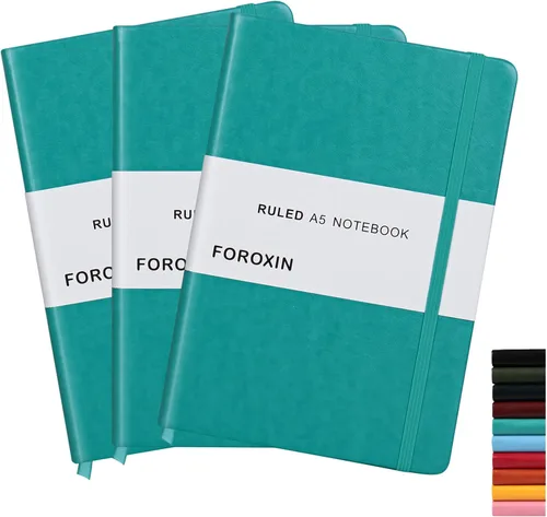 Vista 26 de Cuaderno rayado de tapa dura, tamaño A5, con forro de 8.3 x 5.7 pulgadas, papel grueso premium de 80 gsm (100 hojas/200 páginas). Tapa dura de piel