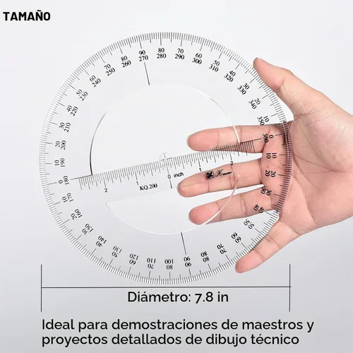 Vista 3 de SEIWEI Transportador de 360 grados, regla circular matemática de 7.8 pulgadas, herramienta de medición de ángulo de plástico transparente con escala