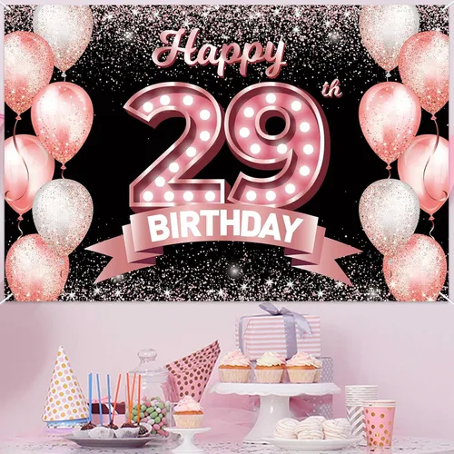 Vista 233 de Cartel de feliz cumpleaños décimo oro rosa, telón de fondo, saludos a 10 años, globos de confeti, decoración temática para niñas de 10 años