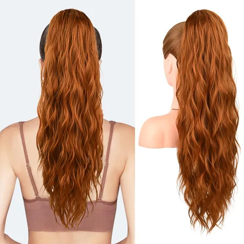 Vista 35 de FLUFYMOOZ Extensión de cola de caballo de 22 pulgadas, extensiones de cabello sintético ondulado largo y rizado para mujer