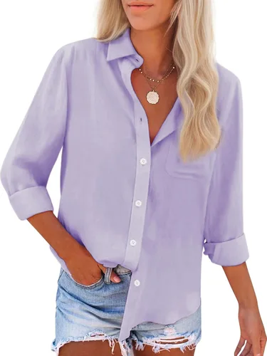 Vista 8 de Camisas de algodón con botones, para mujer, camisas de vestir Oxford, camisas de trabajo de manga larga, blusas con cuello y bolsillo