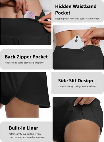Vista 4 de AUTOMET Pantalones cortos deportivos de cintura alta para mujer, pantalones cortos de entrenamiento para gimnasio, con bolsillos con cremallera