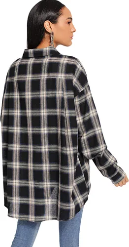 Vista 2 de SweatyRocks - Blusa tipo camisa larga para mujer, de manga larga, con cuello, abotonada, a cuadros.
