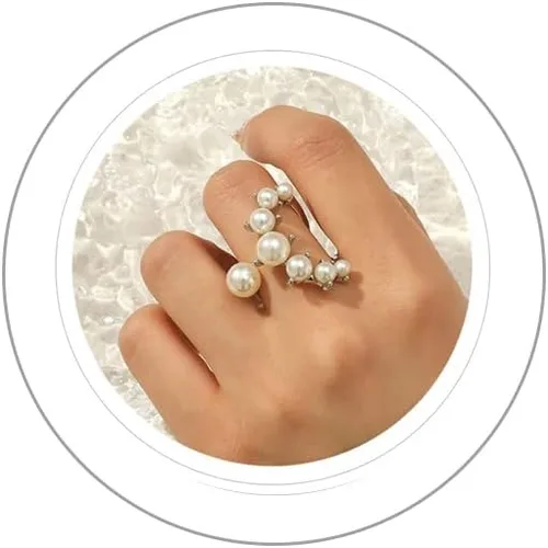 Vista 8 de Anillo de perlas hecho a mano, apilable, anillos ajustables de perlas abiertas, anillo de dedo completo, joyería de racimo de perlas de personalidad