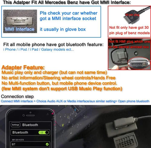 Vista 5 de Adaptador Bluetooth compatible con Mercedes Benz MMI Puerto Celular Apple iPhone iPod Android Dispositivos Capaces Play HiFi Music